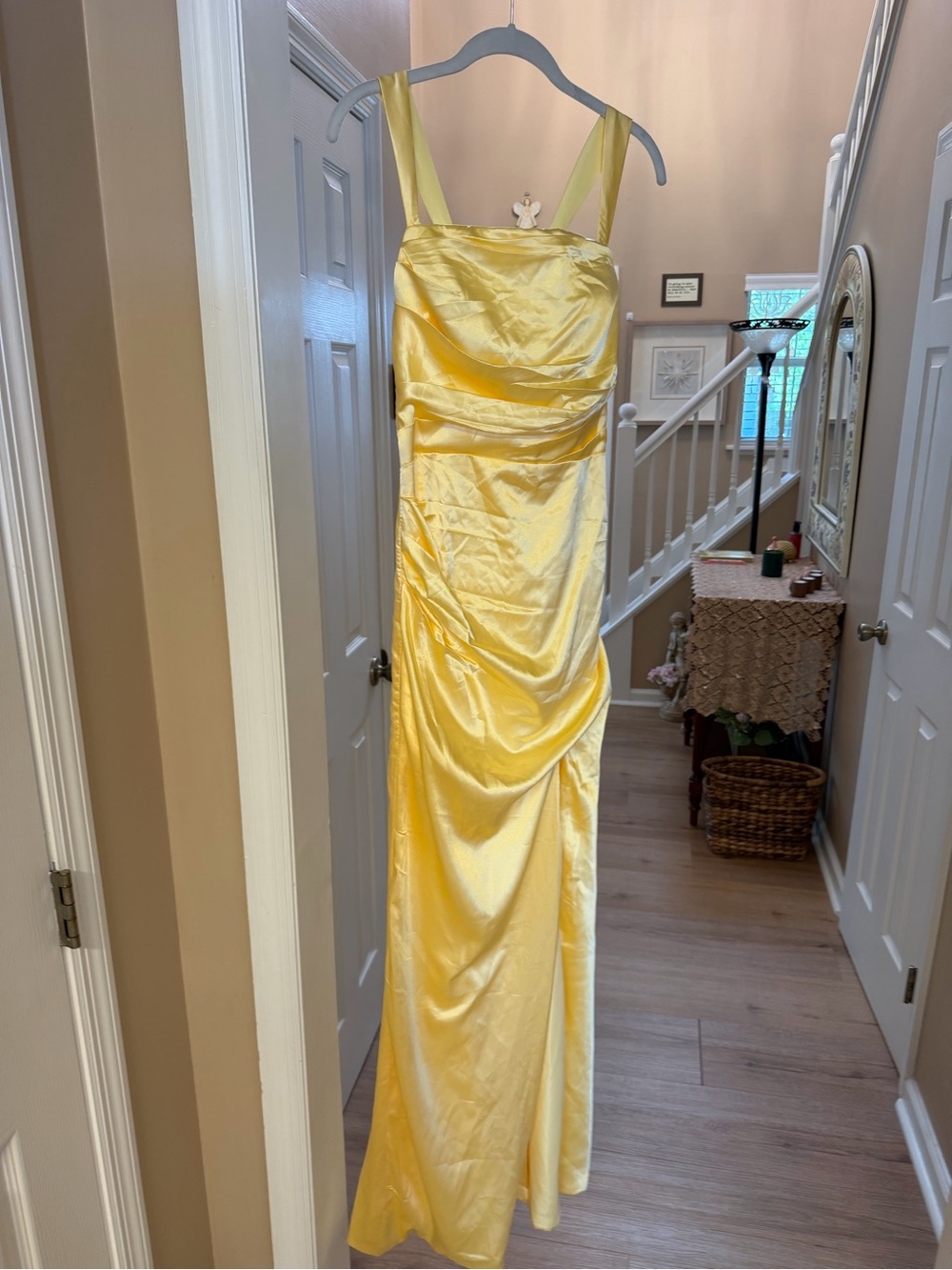 Yellow Satin Ruched Gown Dress with Wide Straps